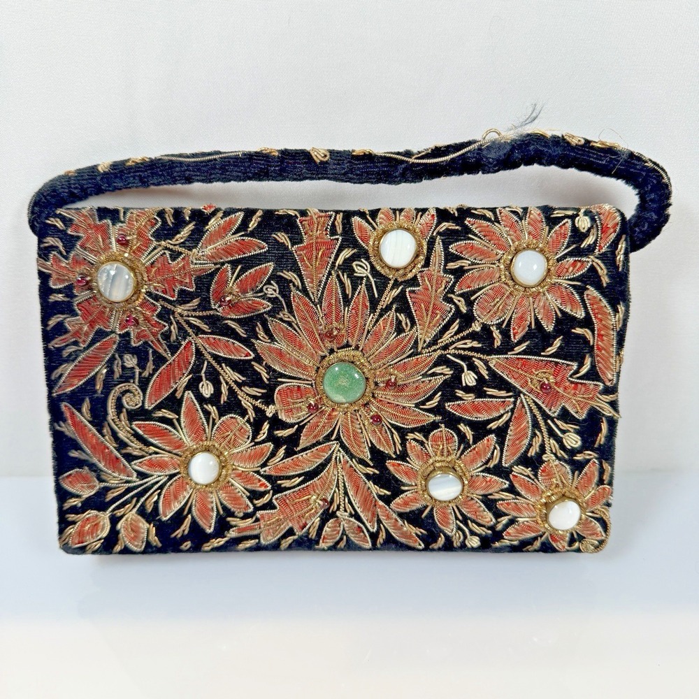 Vintage Evening Handbag Floral Embroidered & Gemstones Clutch Purse FLAW - Picture 2 of 16